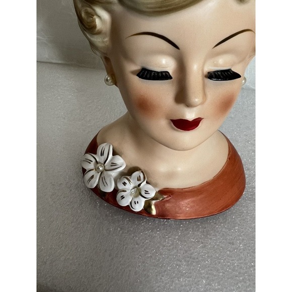 Vintage Lady Head Vase, Enesco E-2188, Blonde, Burnt Orange Top - Picture 6 of 8